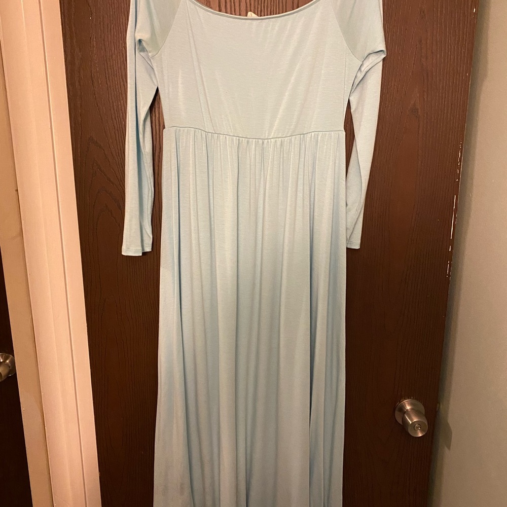Maternity floor length off the shoulder dress